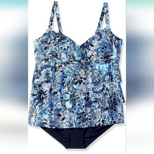 NWT Shape Solver Blue Zen Garden V neck Triple Tier Tankini‎ w/ underwire Beach